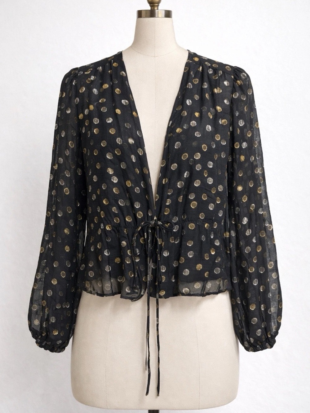 Reformation Black Sheer Tie Front Blouse Gold Silver Metallic Dot Peplum Top S